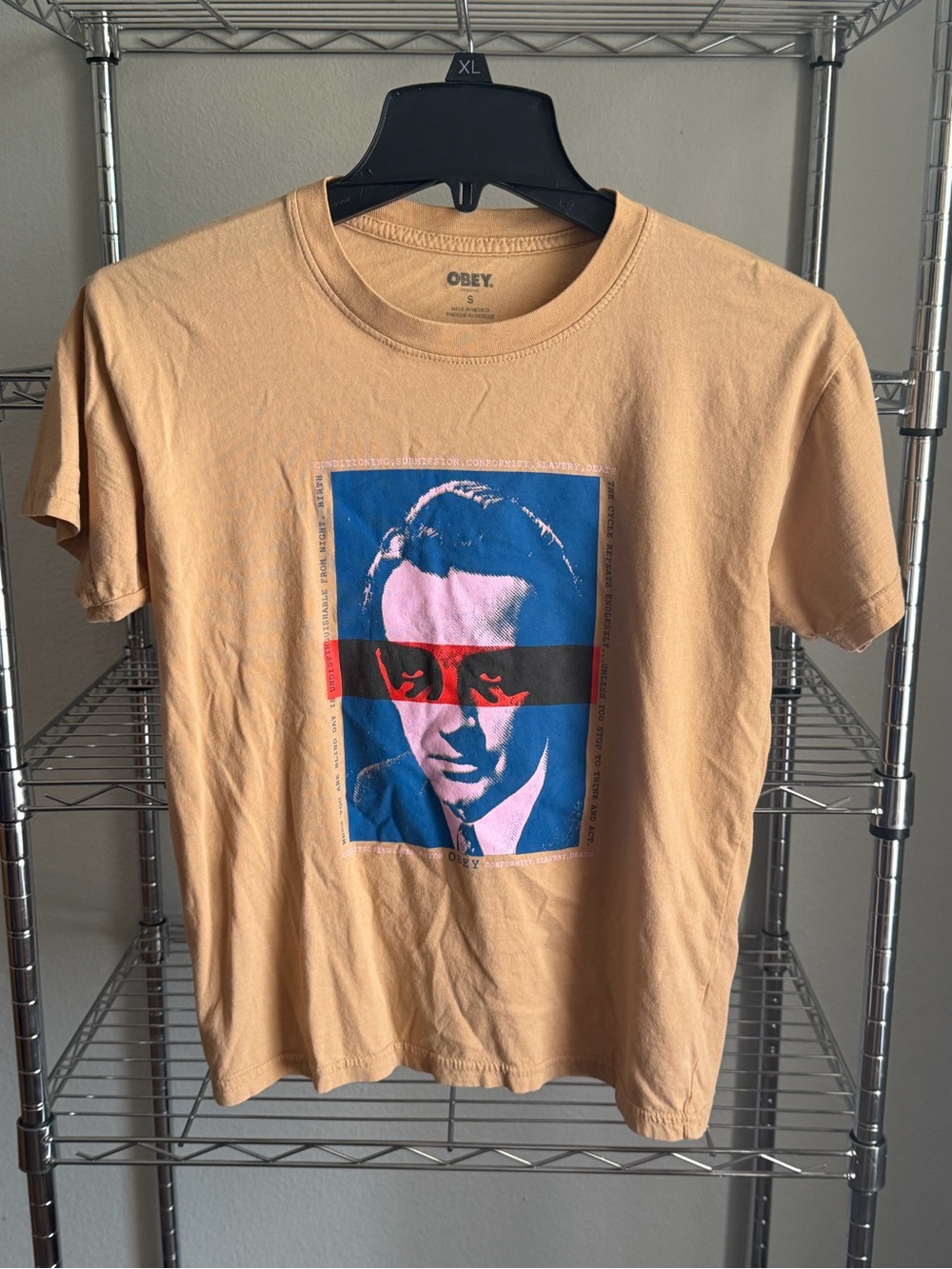 Obey Tan Short-Sleeve Tee with Blue & Pink Portrait and Black/Red Bar